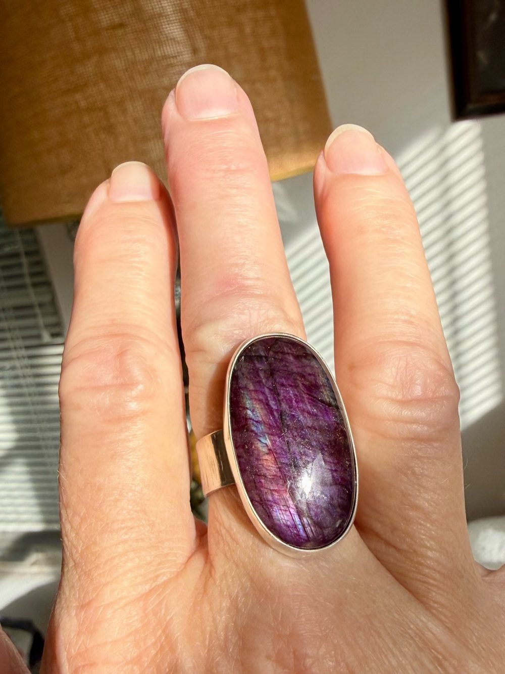 Purple Labradorite Ring with Rainbow US 7, Adjustable